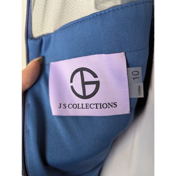 JS Collections Beaded Bodice Crepe Mineral Blue Midi Sheath Dress Women Size 10 - Picture 15 of 16